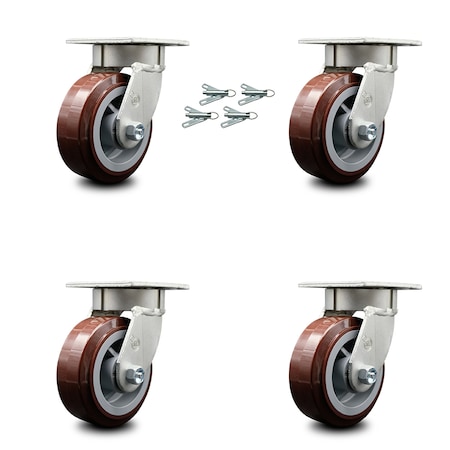 Service Caster 5 Inch Kingpinless Poly on Polyolefin Wheel Swivel Caster Set with Swivel Lock SCC-KP30S520-PPUR-BSL-4